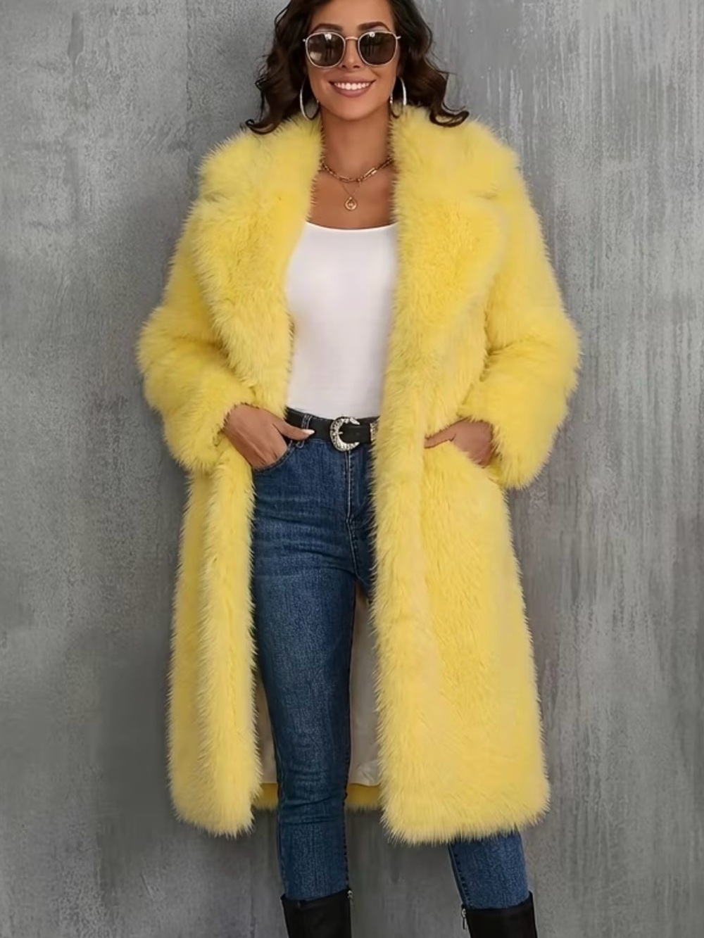 Yellow Faux Fur Long Coat - Women’s Plush Jacket